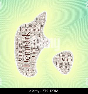 Denmark shape formed by country name in multiple languages. Denmark border on stylish striped gradient background. Vibrant poster. Artistic vector ill Stock Vector