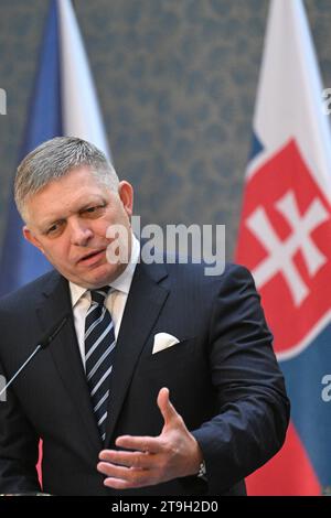 Prague, Czech Republic. 25th Nov, 2023. New Slovak Prime Minister Robert Fico speaks during the press conference after meeting with his Czech counterpart Petr Fiala, in Prague, Czech Republic, on November 24, 2023. Credit: Michal Kamaryt/CTK Photo/Alamy Live News Stock Photo