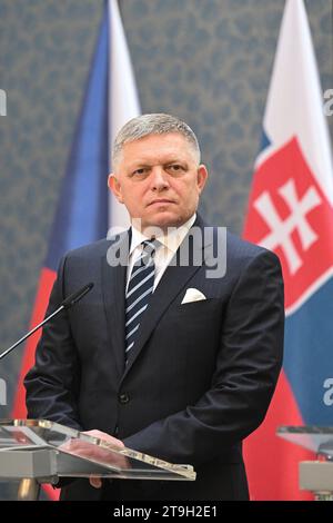 Prague, Czech Republic. 25th Nov, 2023. New Slovak Prime Minister Robert Fico speaks during the press conference after meeting with his Czech counterpart Petr Fiala, in Prague, Czech Republic, on November 24, 2023. Credit: Michal Kamaryt/CTK Photo/Alamy Live News Stock Photo