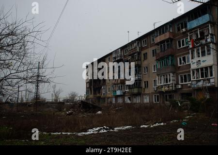 Chasiv Yar, Donetsk Oblast, Ukraine. 25th Nov, 2023. An apartment block is destroyed. The city of Chasiv Yar continues to come under heavy fire from Russian positions outside the city. (Credit Image: © Madeleine Kelly/ZUMA Press Wire) EDITORIAL USAGE ONLY! Not for Commercial USAGE! Stock Photo