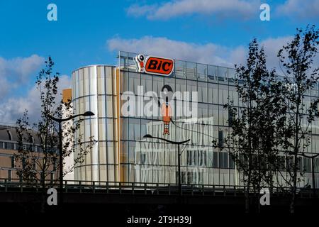 Exterior view of the Bic headquarters building. Bic is a French industrial group and a world leader in stationery, pens, shavers and lighters Stock Photo