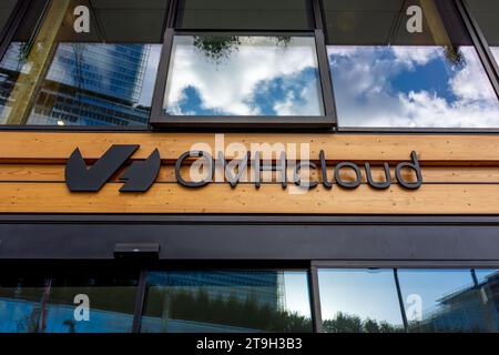 Sign on an OVHcloud building. OVHcloud, formerly OVH, is a French company specializing in cloud computing and an internet data hosting provider Stock Photo