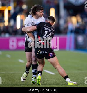 LONDON, UNITED KINGDOM. 25th, Nov 2023. Benhard Janse van Rensburg of Bristol Bears (left) is tackled during Saracens vs Bristol Bears - Gallagher Premiership Rugby R at StoneX Stadium on Saturday, 25 November 2023. LONDON ENGLAND.  Credit: Taka G Wu/Alamy Live News Stock Photo