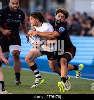 LONDON, UNITED KINGDOM. 25th, Nov 2023. Benhard Janse van Rensburg of Bristol Bears (left) is tackled during Saracens vs Bristol Bears - Gallagher Premiership Rugby R at StoneX Stadium on Saturday, 25 November 2023. LONDON ENGLAND.  Credit: Taka G Wu/Alamy Live News Stock Photo