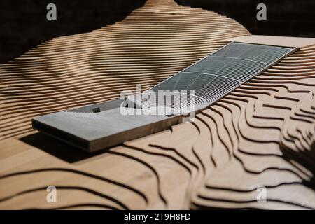 Wood & concrete architectural model designed by ZAO Standard Architecture, in Arsenale building, Venice Architecture Biennale 2023 Stock Photo