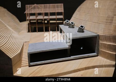 Wood and concrete architectural model designed by ZAO Standard Architecture, in Arsenale building,Venice Architecture Biennale 2023 Stock Photo