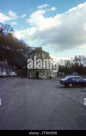 1977 archive photograph of New Lanark Mill World Heritage Site in South Lanarkshire, Scotland.  Founded in 1785 by David Dale in partnership with Richard Arkwright, it bacame a successful business during a period of partnership with Robert Owen and only finally closed in 1968.  The Utopian principles of the early development as a planned settlement have made it an important location in the historical development of urban planning.  It is now managed by the New Lanark Trust and the mills and village have been restored as a tourist attraction. Stock Photo