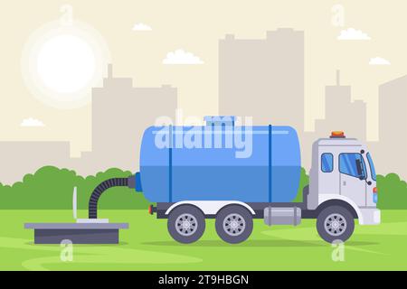 car pumping waste out of the sewer. flat vector illustration. Stock Vector