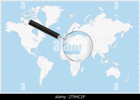 Magnifying glass showing a map of Cyprus on a world map. Cyprus flag and map enlarge in lens. Vector Illustration. Stock Vector