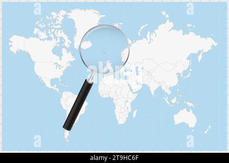 Magnifying glass showing a map of Faroe Islands on a world map. Faroe Islands flag and map enlarge in lens. Vector Illustration. Stock Vector
