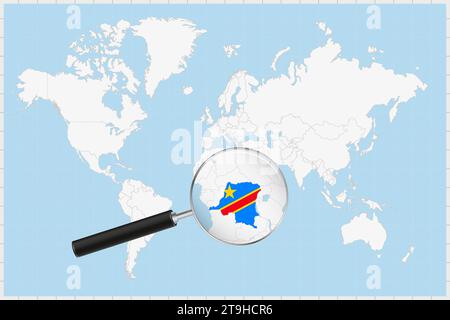 Magnifying glass showing a map of Congo on a world map. Congo flag and ...