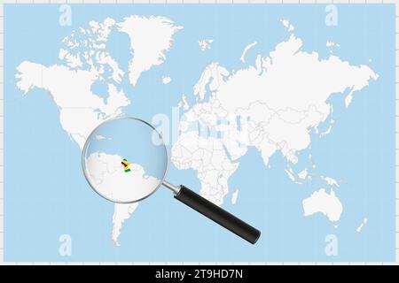 Magnifying glass showing a map of Guyana on a world map. Guyana flag and map enlarge in lens. Vector Illustration. Stock Vector