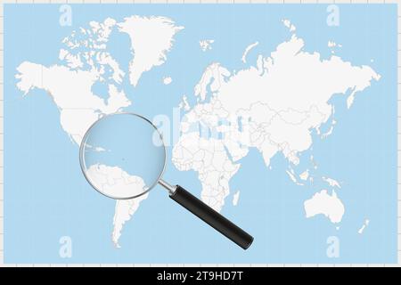 Magnifying glass showing a map of Barbados on a world map. Barbados flag and map enlarge in lens. Vector Illustration. Stock Vector