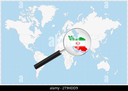 Magnifying glass showing a map of Iran on a world map. Iran flag and map enlarge in lens. Vector Illustration. Stock Vector
