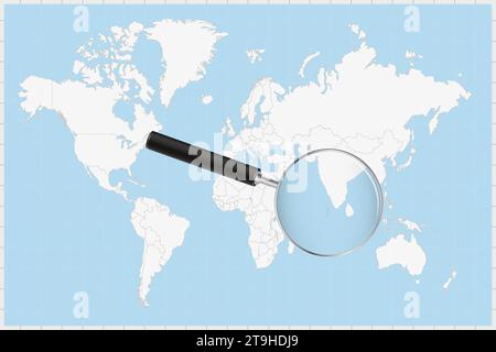 Magnifying glass showing a map of Maldives on a world map. Maldives flag and map enlarge in lens. Vector Illustration. Stock Vector