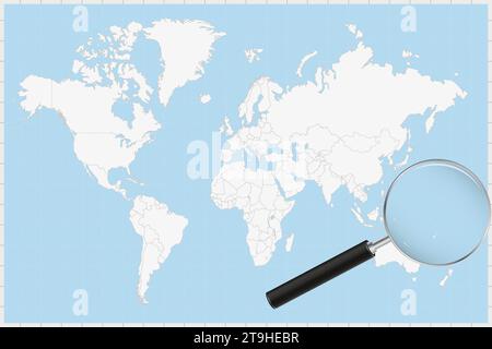Magnifying glass showing a map of Tuvalu on a world map. Tuvalu flag and map enlarge in lens. Vector Illustration. Stock Vector