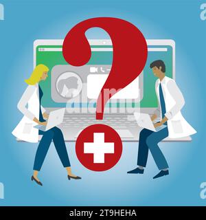 Doctors, health care persons in front of laptop with communication. Big question mark between them. Vector illustration. Stock Vector