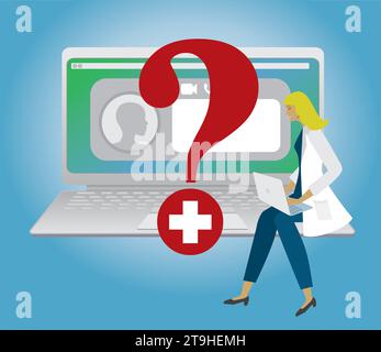 Woman doctor, pharmacist, nurse in advice about health care online. Vector illustration. Stock Vector