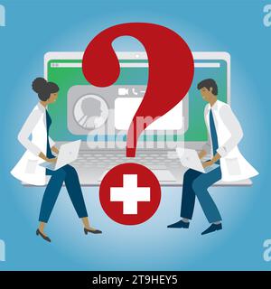 Doctors or pharmacists with laptop in front of a laptop with a person and a question mark. Vector illustration. Stock Vector