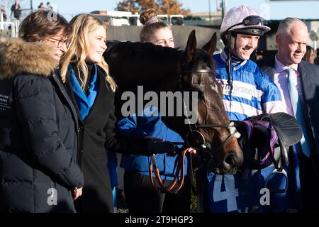 Ascot, UK. 25th November, 2023. Horse BlueKing D’Oroux ridden by jockey Harry Cobden wins the Coral Hurdle Race at the November Racing Saturday Meeting at Ascot Racecourse. This was Harry Cobden’s third win of the day. Owner Mrs Johnny de la Hey. Trainer Paul Nicholls, Ditcheat. Breeder David Giraudeau & Philippe Moreau. Sponsor Morton Group. Credit: Maureen McLean/Alamy Live News Stock Photo