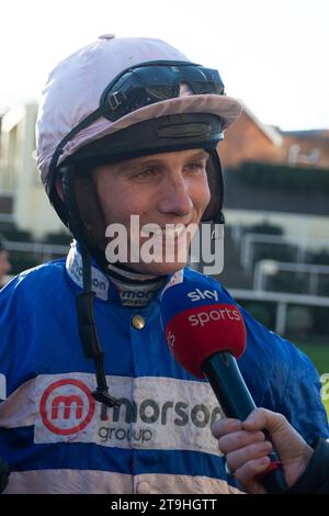 Ascot, UK. 25th November, 2023. Horse BlueKing D’Oroux ridden by jockey Harry Cobden wins the Coral Hurdle Race at the November Racing Saturday Meeting at Ascot Racecourse. This was Harry Cobden’s third win of the day. Owner Mrs Johnny de la Hey. Trainer Paul Nicholls, Ditcheat. Breeder David Giraudeau & Philippe Moreau. Sponsor Morton Group. Credit: Maureen McLean/Alamy Live News Stock Photo