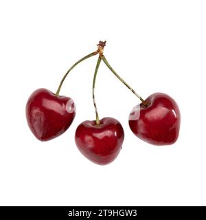 three ripe sweet cherries isolated on white background, group of red berries, top view Stock Photo