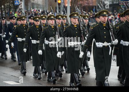 Vilnius, Lithuania. 25th Nov, 2023. Lithuanian soldiers march during a military parade on Armed Forces Day in Vilnius. Armed Forces Day honours the restoration of the Lithuania armed forces on November 23, 1918. The military parade commemorating the holiday is being held this year on November 25 in Vilnius. Both Lithuanian military and allies from NATO countries took part in the parade, totaling about 1,400 people and 100 pieces of military equipment. (Photo by Yauhen Yerchak/SOPA Images/Sipa USA) Credit: Sipa USA/Alamy Live News Stock Photo