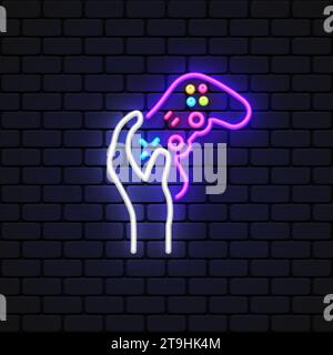 Gamepad hand neon icon in modern style on light background. Stock Vector