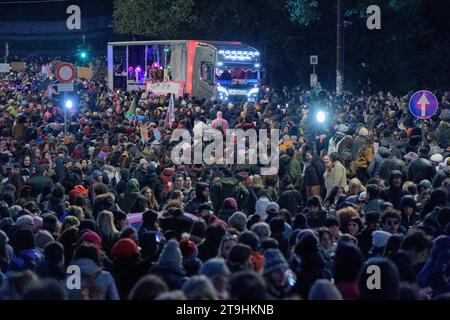 Rome, Italy. 25th Nov, 2023. The truck that should be at the head of the march is preceded and surrounded by a large crowd in the demonstration organized by Non Una di Meno in Rome. 'At least 500 thousand'' people, according to the organizers' estimates, took part in the demonstration promoted by Non una di meno, the feminist and transfeminist movement, on the occasion of the International Day for the Elimination of Violence against Women in Rome.For now, in Italy in 2023, were recorded 106 murders with female victims, of which 87 were killed in the family/emotional context, of which 55 Stock Photo
