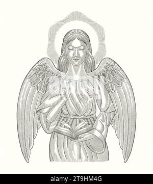 angel with wings, Vintage engraving drawing style illustration Stock Vector