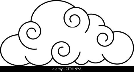 Black and White Swirl Cloud. Illustration for Decorating Sky, Weather Forecast, Fabric Print. Sketch Template in Cartoon Outline Style Stock Vector