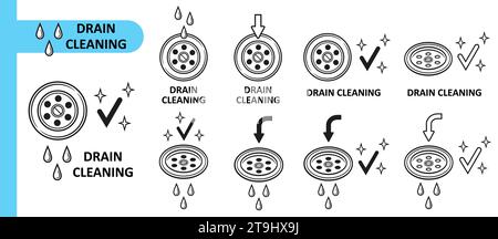 Sink drain hole cleaning, water sewage plumbing pipe, clean clogged sewer line icon set. Liquid chemical cleaner sewerage in kitchen, bathroom. Vector Stock Vector