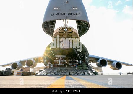 A U.S. Air Force C-5 Galaxy delivered additional forces and munitions to an undisclosed location in Southwest Asia, Oct. 28, 2023.courtesy photo Stock Photo