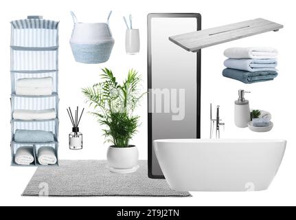 Mood board with bath tub, bathroom supplies and decorative elements on white background Stock Photo