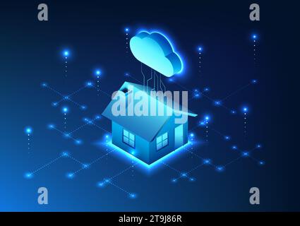 Internet of Things technology The house is connected to the cloud with technological circuits. Shows the connection of devices through the cloud syste Stock Vector