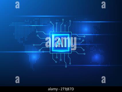 Artificial intelligence technology AI chip on the world map Shows AI technology that plays a role in daily life in the fields of industry, business, l Stock Vector