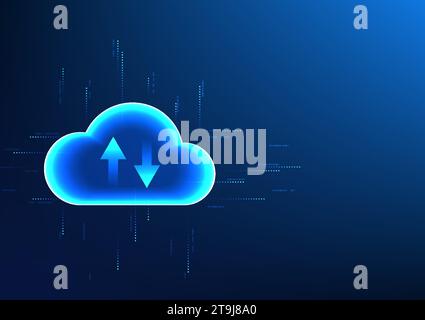 Cloud technology connected to the circuit and has an arrow inside Shows data storage and transfer from anywhere in real time. Technology Vector illust Stock Vector