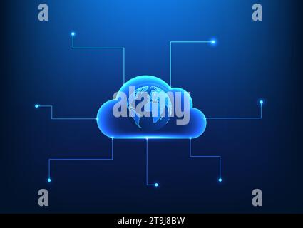 cloud technology Inside is a globe ready to connect to a circuit. It shows data storage and transfer from anywhere around the world in real time, tech Stock Vector