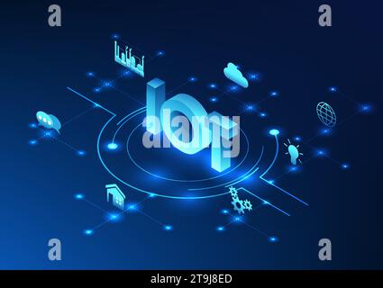 Internet of Things technology IoT placed on connected technology circle The direct connection of electronic devices cuts off the internet signal. Isom Stock Vector