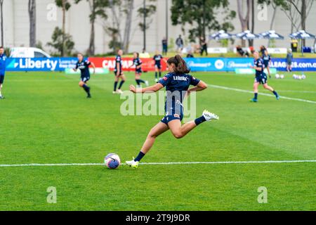 Bundoora, Australia. 26 November, 2023. Forward Ella O'Grady (#7) crosses the ball into the box during pre-game training. Credit: James Forrester/Alamy Live News Stock Photo