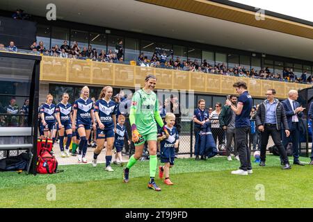 Bundoora, Australia. 26 November, 2023. Melbourne Victory players take to the pitch. Credit: James Forrester/Alamy Live News Stock Photo