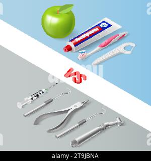 Basic Dentist Tools, and Instruments on Gray Background vs Oral Hygiene Individual Tools and Green Apple on Blue Background Stock Vector