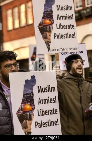 Supporters Chant With Speakers Holding Placards Calling For Muslim   London Uk 25th Nov 2023 Supporters Chant With Speakers Holding Placards Calling For Muslim Armies To Liberate Palestine Hizb Ut Tahrir Hold A Static Protest Opposite The Egyptian Embassy Calling For Muslim Armies To Rescue The Palestinian People Conditions Under Section 14 Of The Public Order Act Mean They Are Unable To Leave Balfour Mews Hizb Ut Tahrir States Its Aim As Unification Of All Muslim Lands Over Time In A Unitary Islamic State Or Caliphate And To Implement Sharia Globally Credit Sopa Images Limitedalamy Live News 2t9jc61 