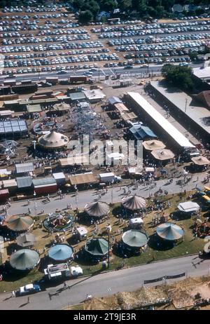 SACRAMENTO, CA - AUGUST, 1958: An aerial view of the games and rides at the Sacramento State Fairgrounds circa August, 1958 in Sacramento, California. (Photo by Hy Peskin) Stock Photo