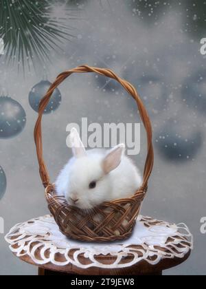 Funny rabbit in snow, christmas or easter concept. A toy gray hare sits ...