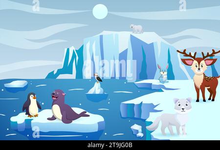 Antarctic scene with many animals . Vector . Stock Vector