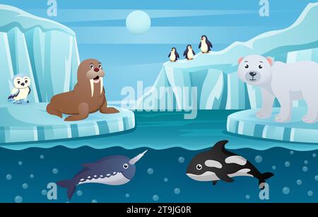 Antarctic scene with many animals . Vector . Stock Vector