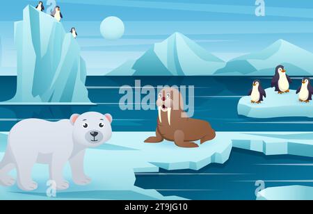 Antarctic scene with many animals . Vector . Stock Vector