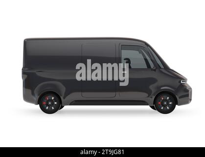 Side view of Black Electric Delivery Van isolated on white background. Generic design. 3D rendering image. Stock Photo