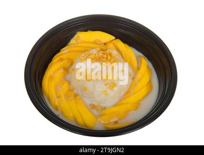 Mango sticky rice, a traditional South Asian dessert made with glutinous rice, fresh mango and coconut milk topped with crispy yellow mung beans. In a Stock Photo